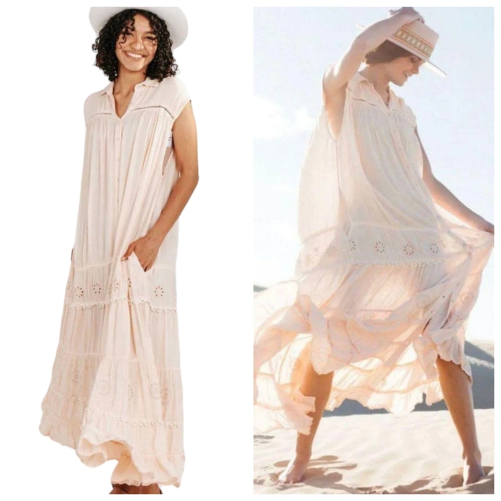 Nwot Free People Blush Ecru Embroidered Gauzy Sleeveless Resortwear Maxi…
